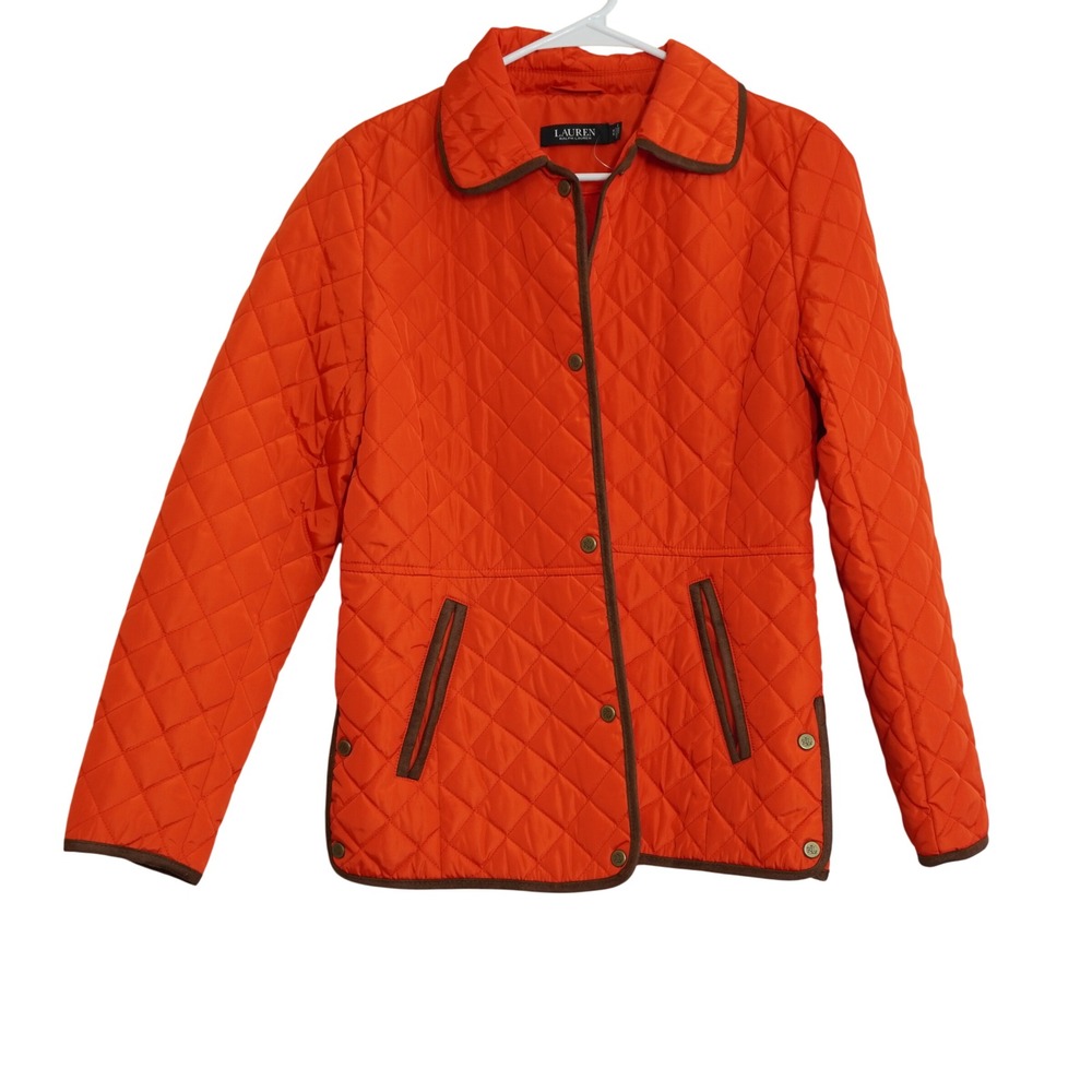 Lauren Ralph Lauren Orange Quilted Barn Jacket Brown Trim Womens XS Preppy Fall